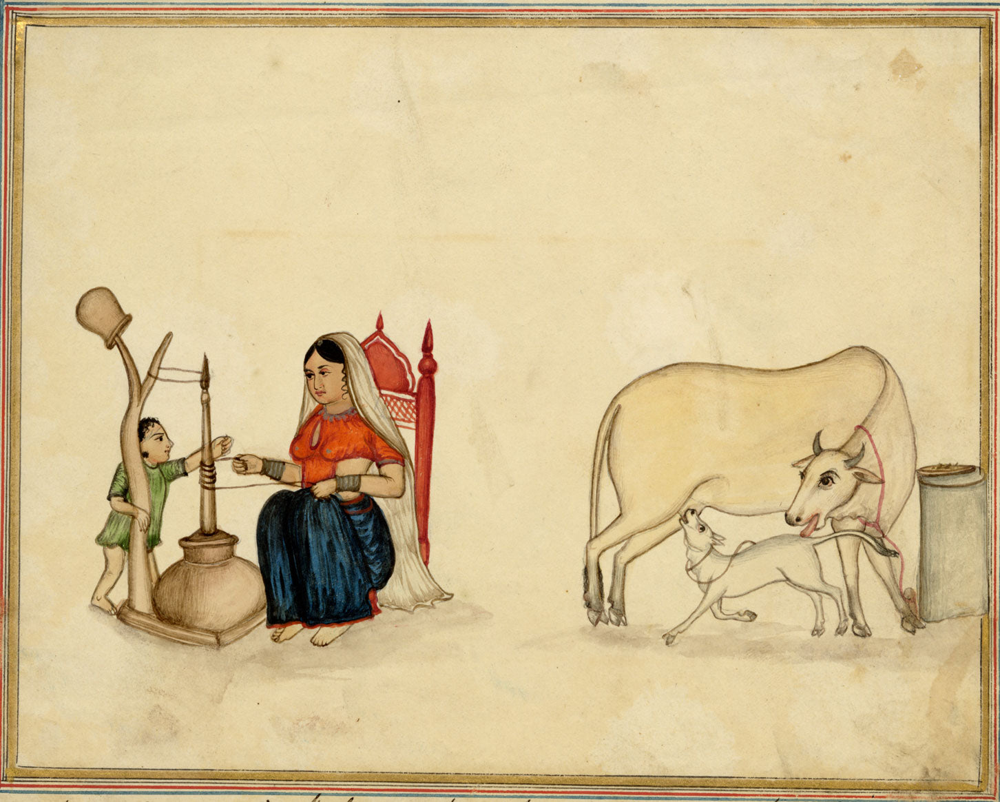 Punjab School, A Women Churning Butter with Child & Cows – Early 19th-century watercolour painting
