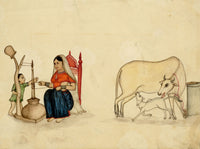 Punjab School, A Women Churning Butter with Child & Cows – Early 19th-century watercolour painting