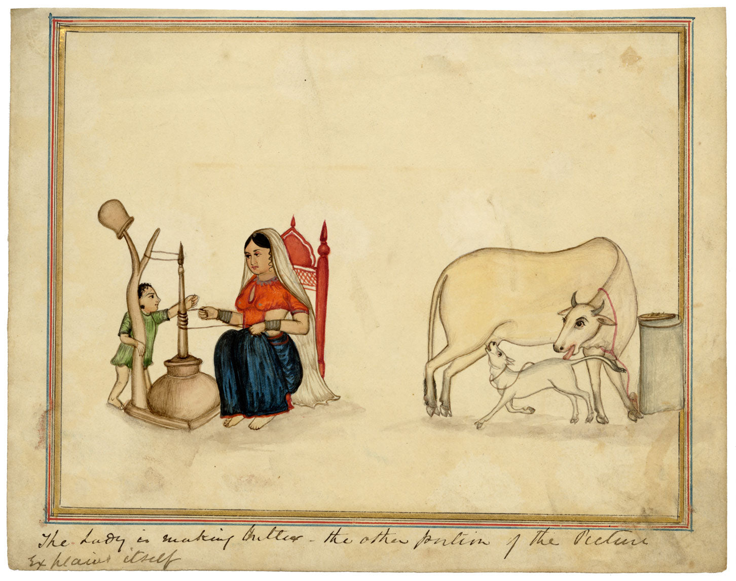 Punjab School, A Women Churning Butter with Child & Cows – Early 19th-century watercolour painting
