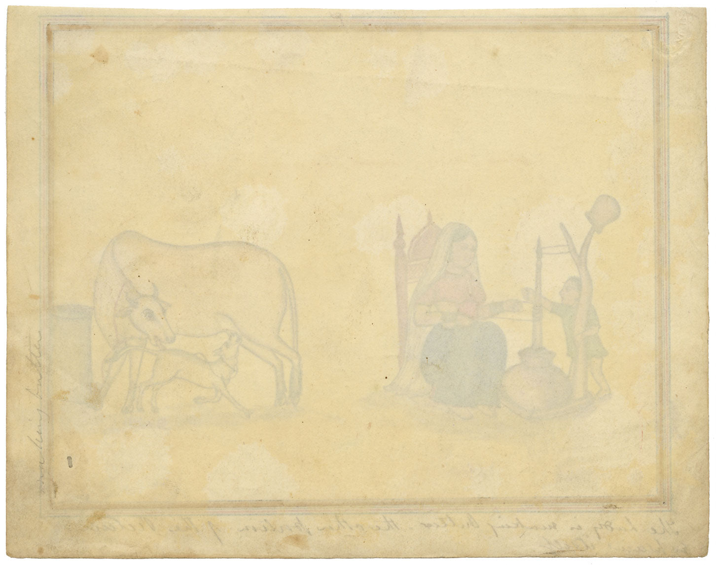 Punjab School, A Women Churning Butter with Child & Cows – Early 19th-century watercolour painting