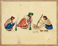 Punjab School, Pounding Tobacco & Men Smoking – Early 19th-century watercolour painting