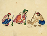 Punjab School, Pounding Tobacco & Men Smoking – Early 19th-century watercolour painting