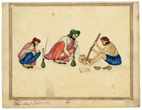 Punjab School, Pounding Tobacco & Men Smoking – Early 19th-century watercolour painting