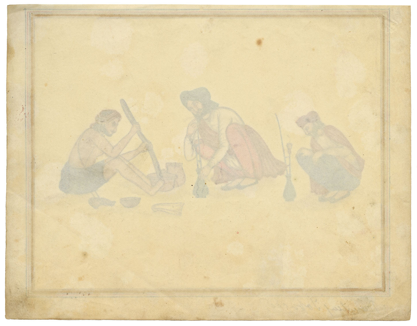 Punjab School, Pounding Tobacco & Men Smoking – Early 19th-century watercolour painting