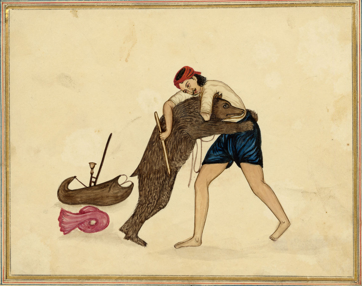 Punjab School, A Man Wrestling a Bear – Early 19th-century watercolour painting