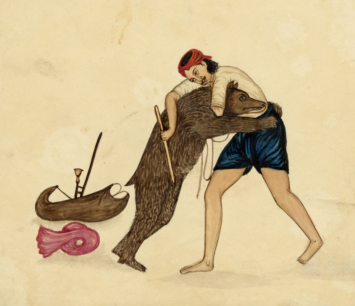 Punjab School, A Man Wrestling a Bear – Early 19th-century watercolour painting
