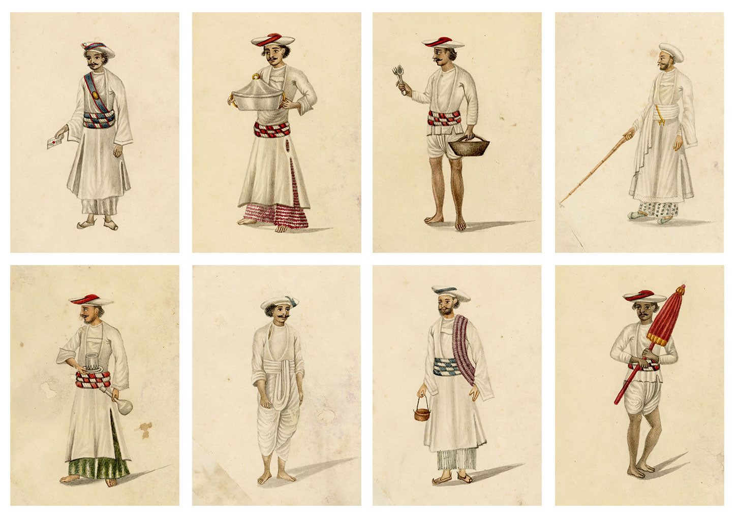 Indian Company School, Set of 8 Servant Figures – 19th-century watercolour painting