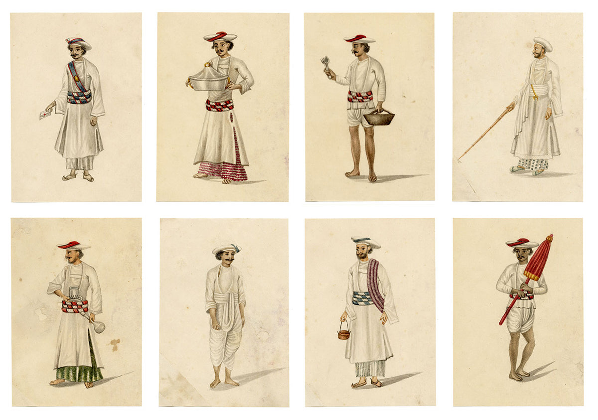 Indian Company School, Set of 8 Servant Figures – 19th-century watercolour painting