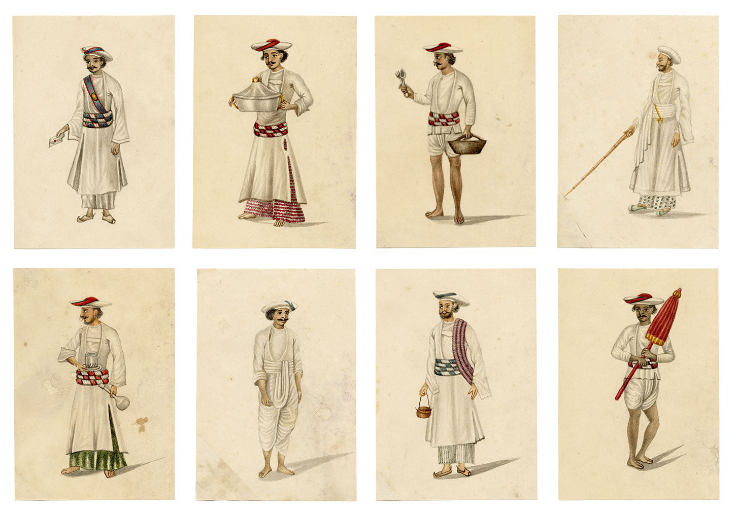 Indian Company School, Set of 8 Servant Figures – 19th-century watercolour painting