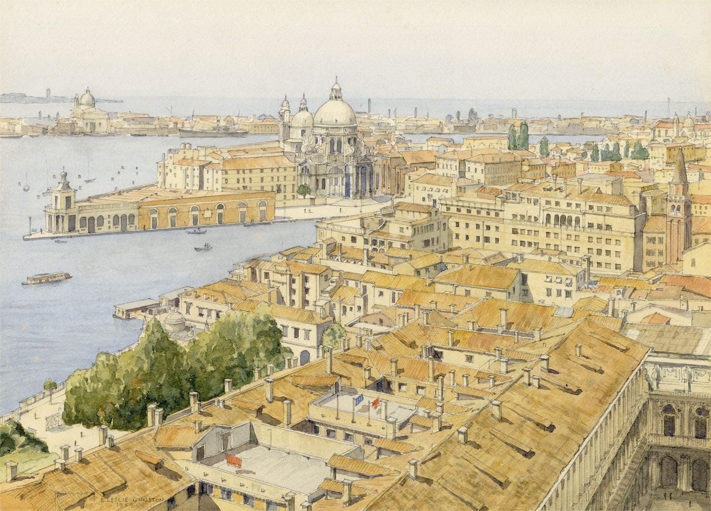 E. Leslie Gunston ARIBA, Venice Rooftops – 1959 watercolour painting