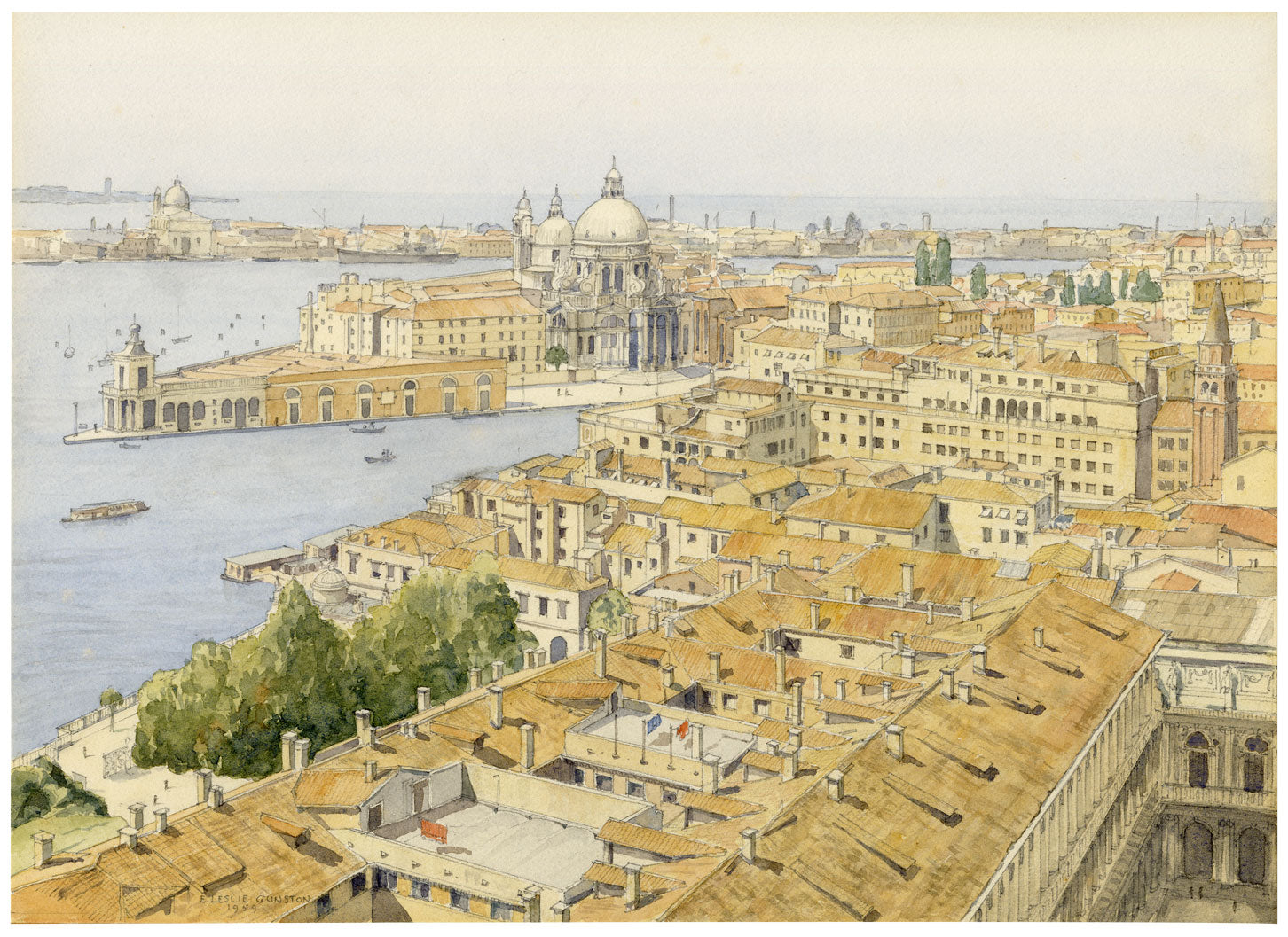E. Leslie Gunston ARIBA, Venice Rooftops – 1959 watercolour painting