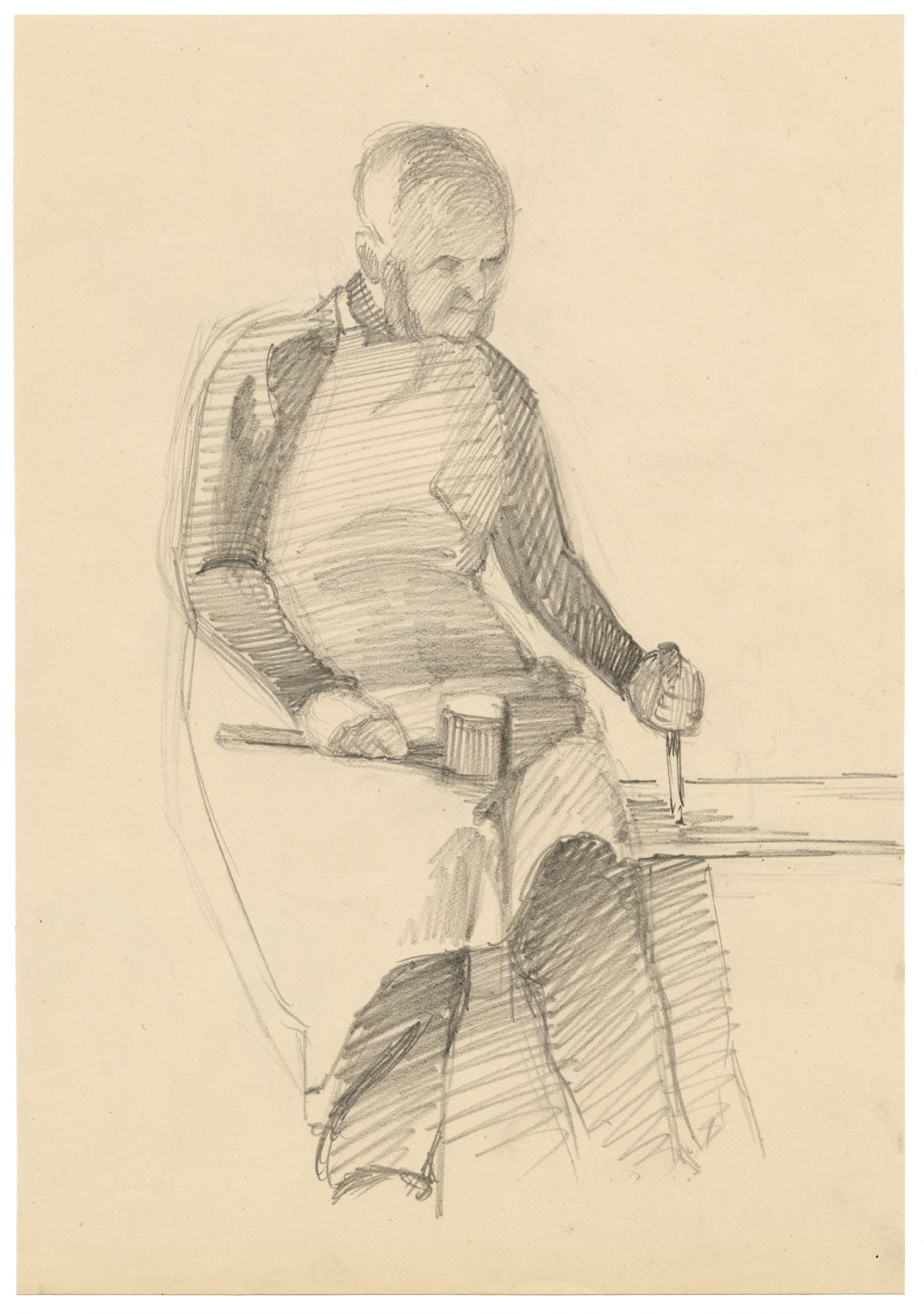 Isabel Lewis, Carpenter with his Tools – c.1900s graphite drawing