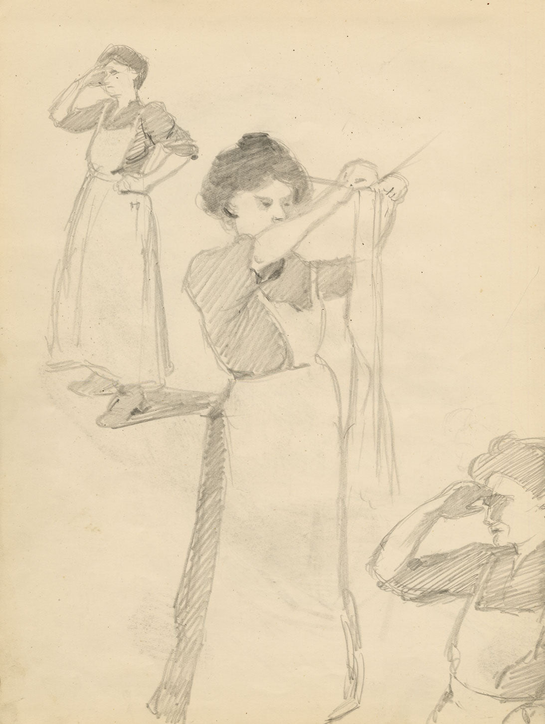 Isabel Lewis, Edwardian Washerwoman at Work – c.1900s graphite drawing