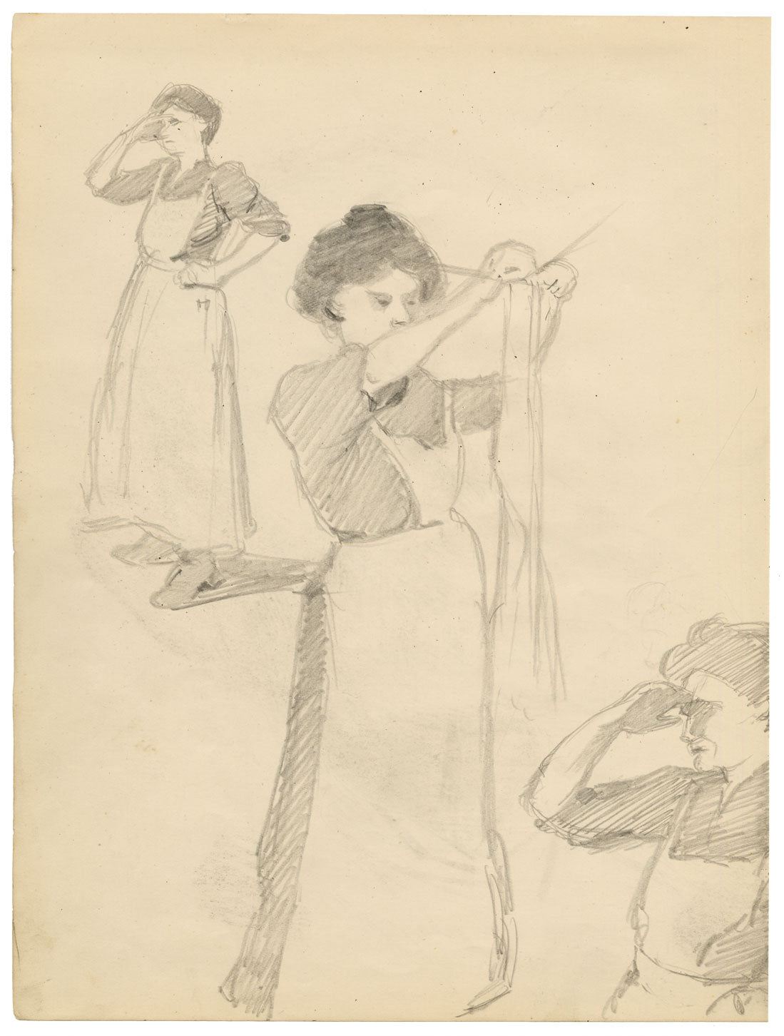 Isabel Lewis, Edwardian Washerwoman at Work – c.1900s graphite drawing