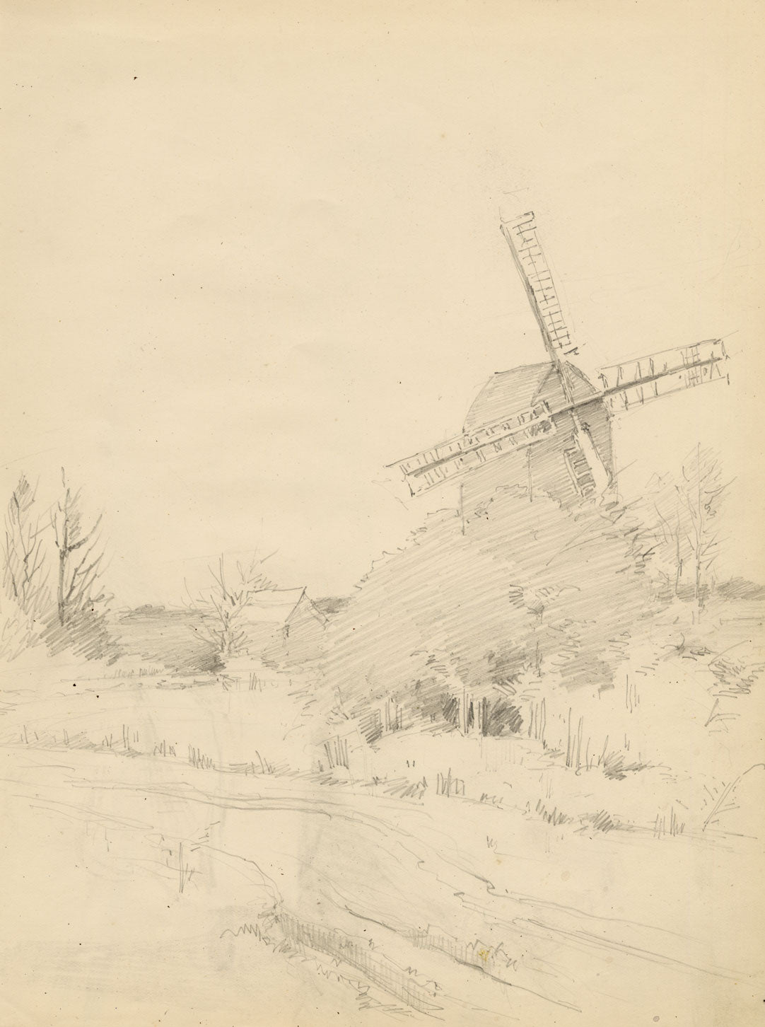Isabel Lewis, Windmill in a Landscape – c.1900s graphite drawing