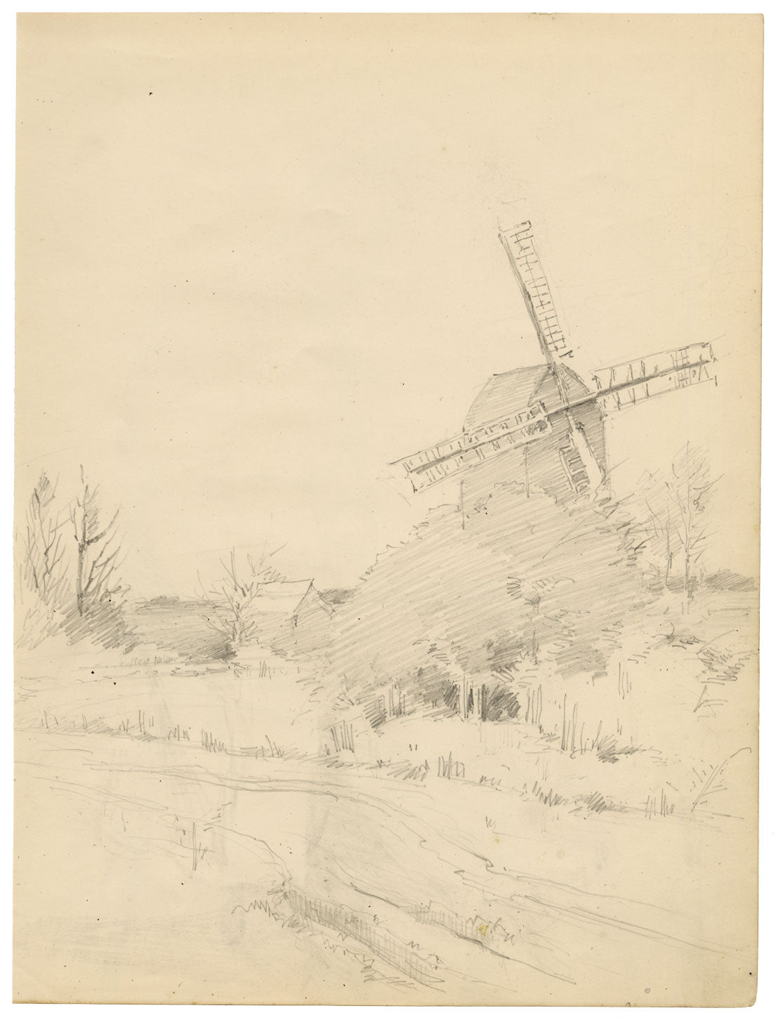 Isabel Lewis, Windmill in a Landscape – c.1900s graphite drawing