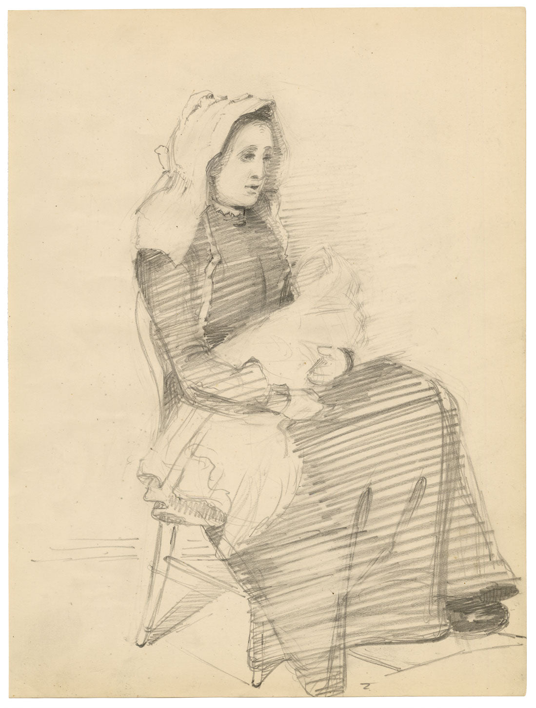 Isabel Lewis, Edwardian Nurse with Baby – c.1900s graphite drawing