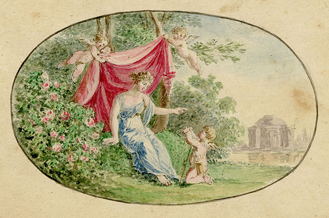 German School, Romantic Neoclassical Vignette, Lady Visited by Cupid – c.1810 watercolour painting