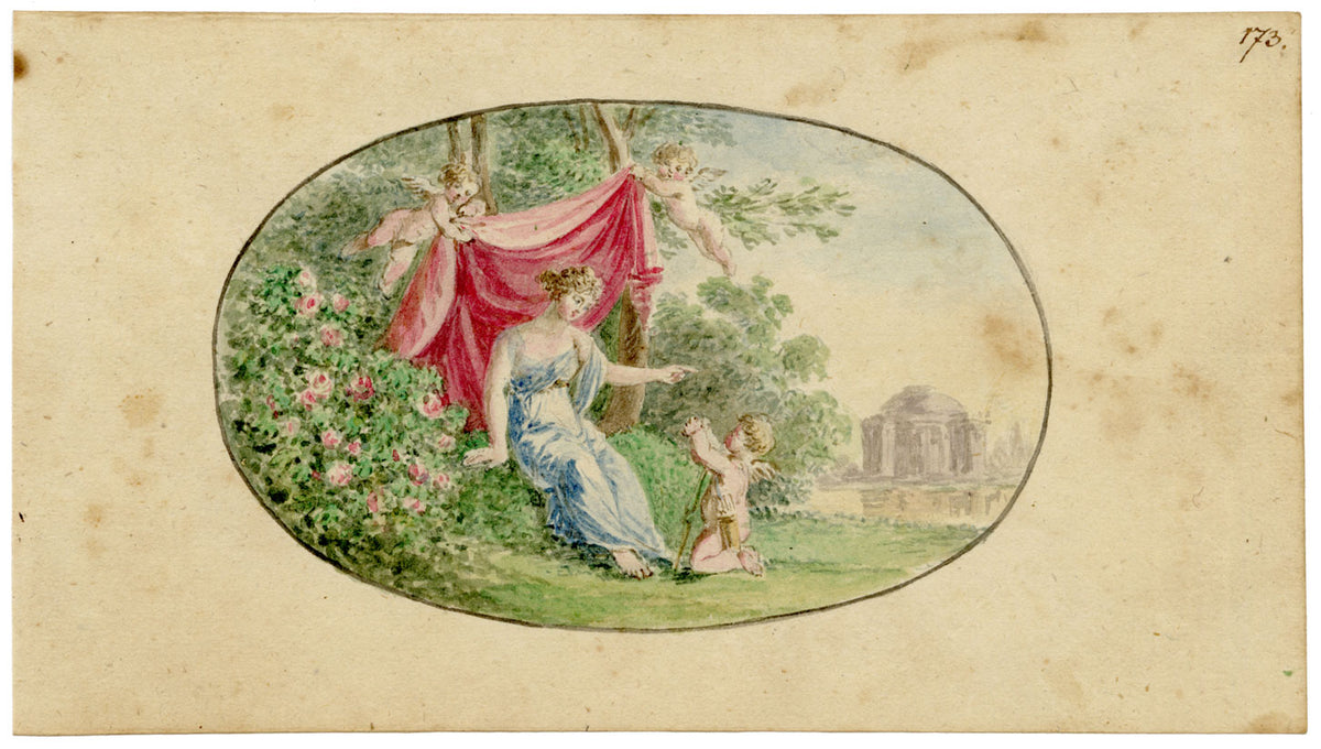 German School, Romantic Neoclassical Vignette, Lady Visited by Cupid – c.1810 watercolour painting