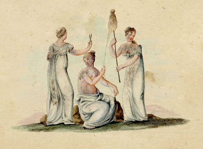 German School, Romantic Neoclassical Vignette, The Fates, Moirai – c.1810 watercolour painting