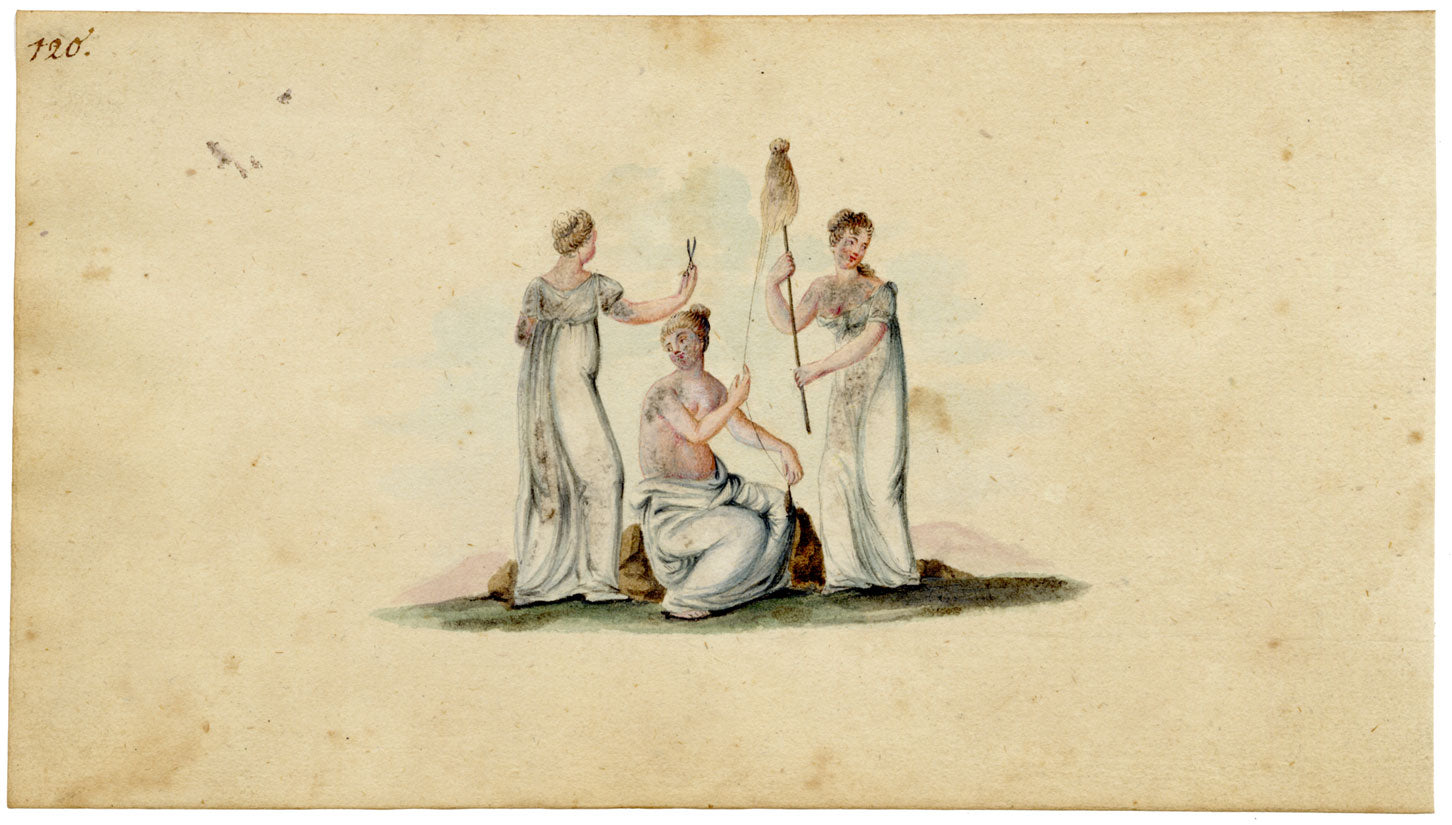 German School, Romantic Neoclassical Vignette, The Fates, Moirai – c.1810 watercolour painting