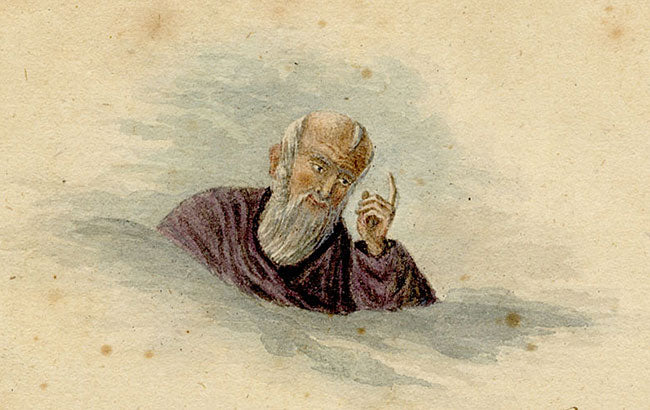 German School, Romantic Vignette with Sütterlin Script, Old Man Commanding to Paint – 1810 watercolour painting