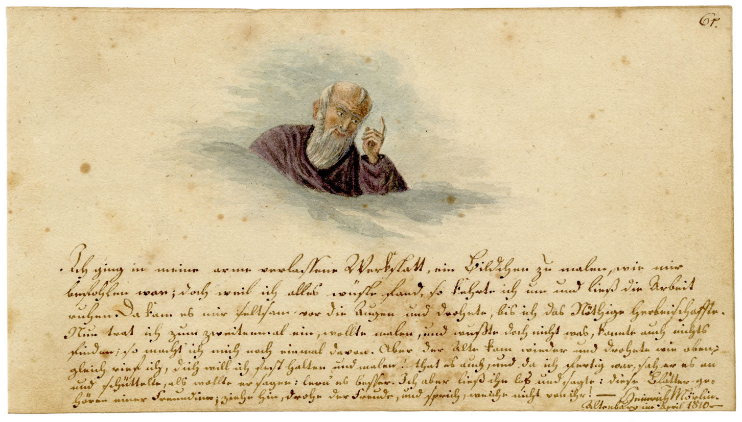 German School, Romantic Vignette with Sütterlin Script, Old Man Commanding to Paint – 1810 watercolour painting