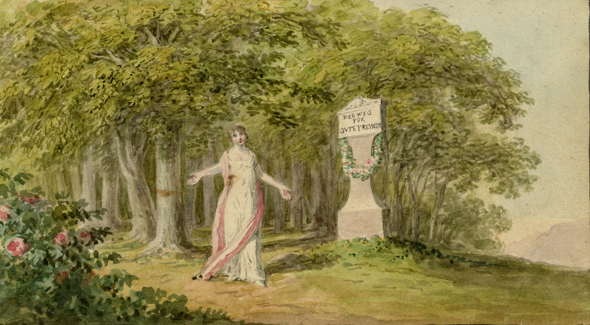 German School, Romantic Neoclassical Lady, The Path for Good Friends – c.1810 watercolour painting