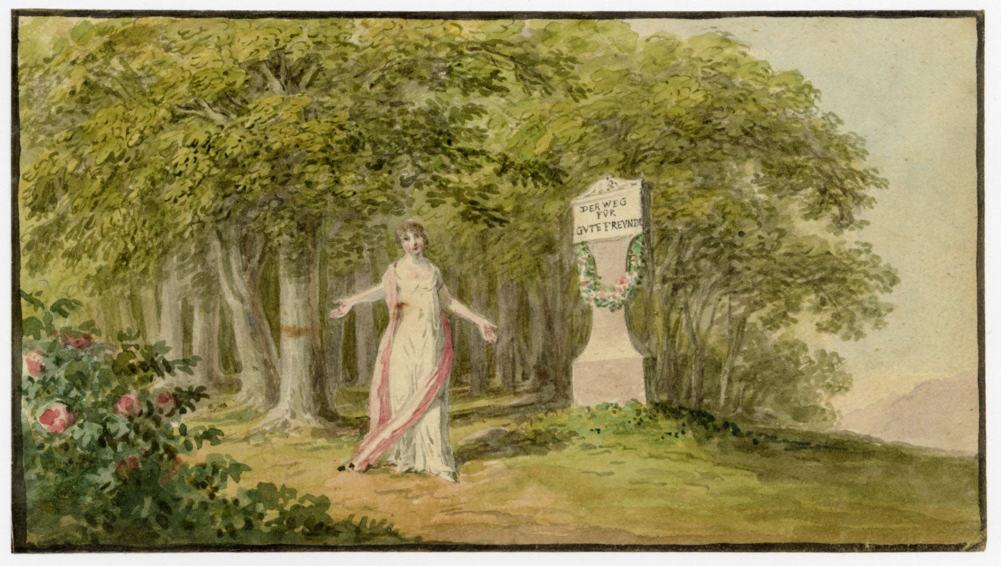 German School, Romantic Neoclassical Lady, The Path for Good Friends – c.1810 watercolour painting