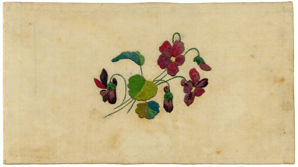 German School, Hand-Embroidery on Silk, Violet Flowers – c.1810