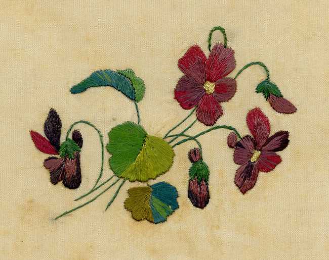 German School, Hand-Embroidery on Silk, Violet Flowers – c.1810