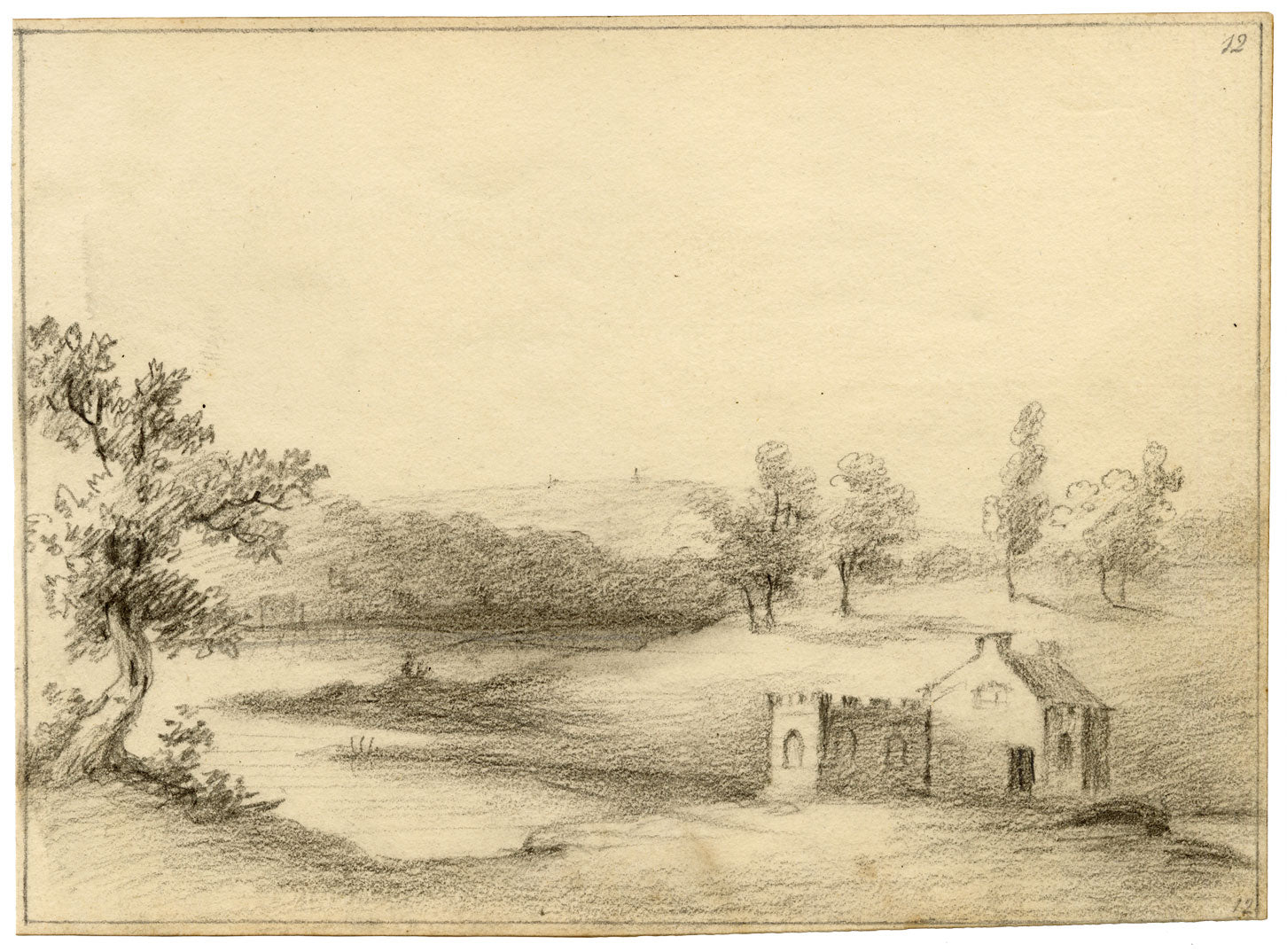 John Maule, Wootton Millpond from Lord Bolton's Fernhill, Isle of Wight – 1797 graphite drawing