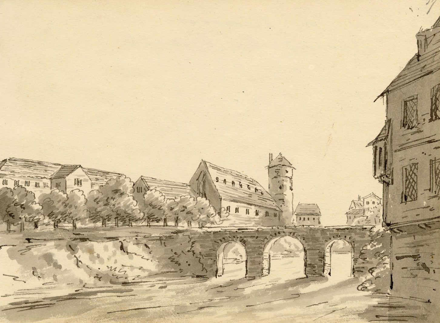 John Maule, Marstallbrücke, Hanover, Germany – 1797 drawing in ink & wash