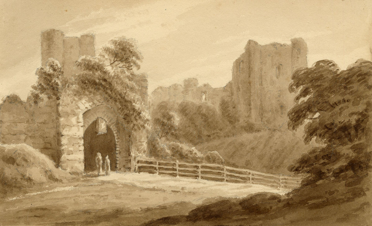 John Maule, Saltwood Castle Entrance, near Hythe, Kent – 1814 drawing in brown wash