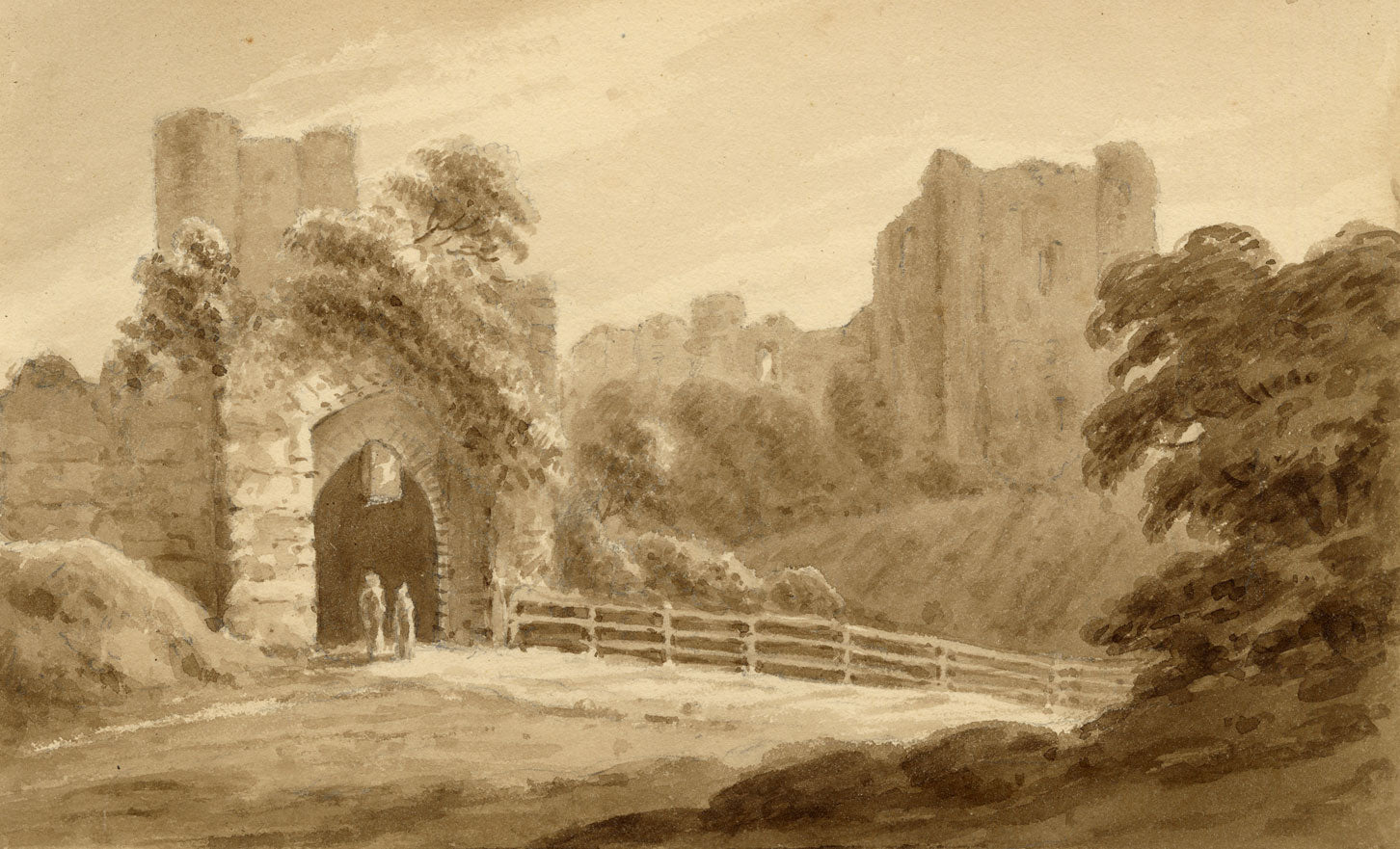 John Maule, Saltwood Castle Entrance, near Hythe, Kent – 1814 drawing in brown wash