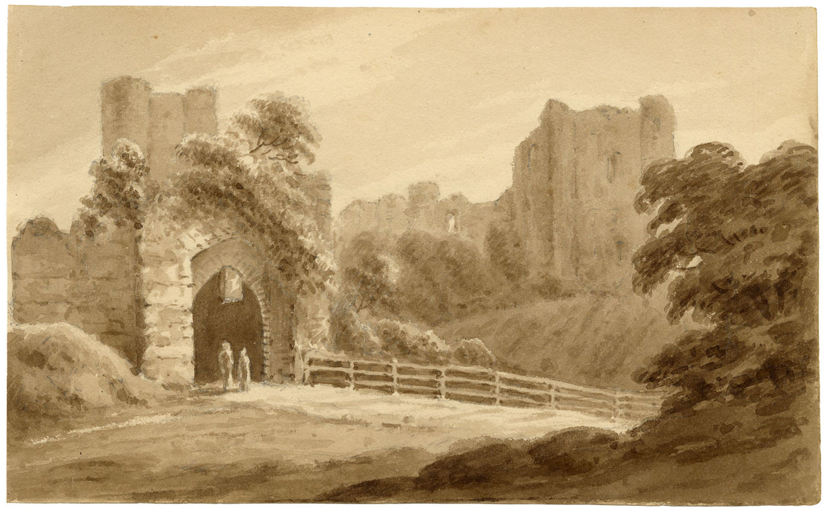 John Maule, Saltwood Castle Entrance, near Hythe, Kent – 1814 drawing in brown wash