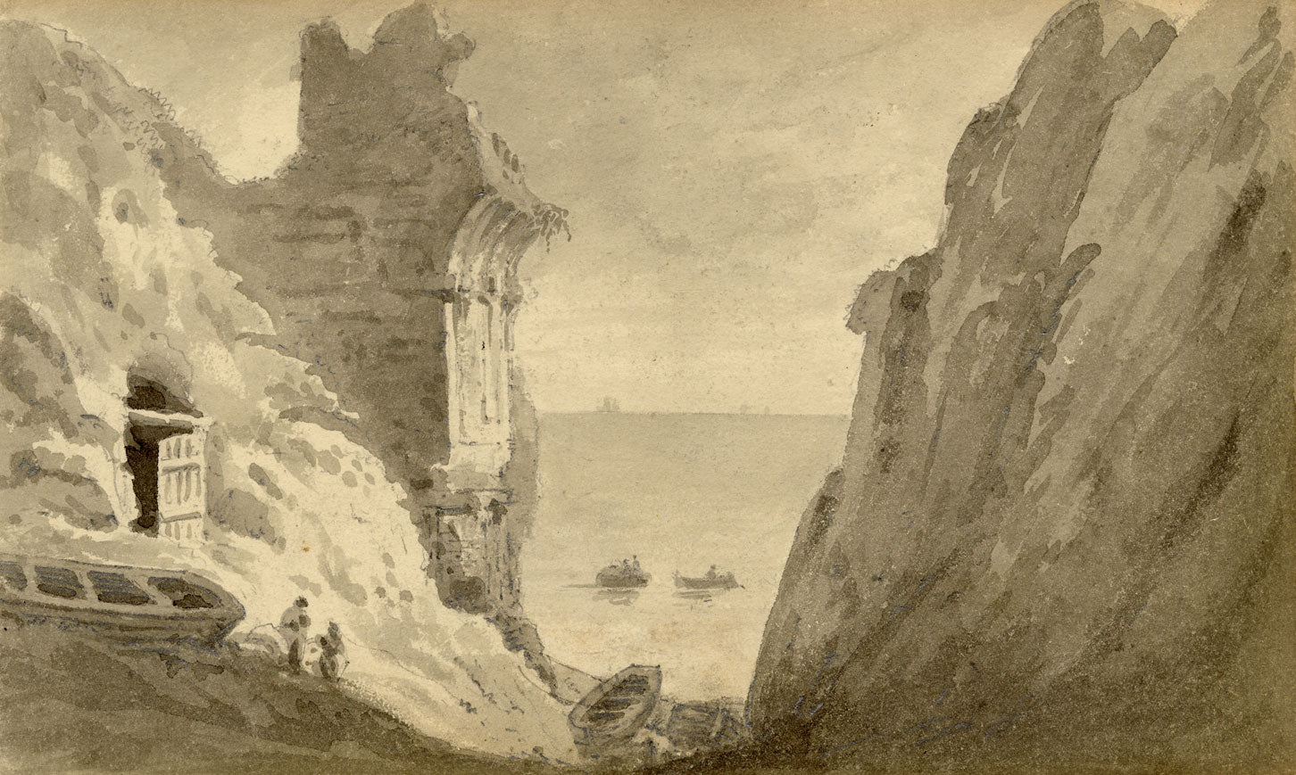 John Maule, King's Gate Ruin at Kingsgate, Thanet, Kent – 1814 drawing in grey wash