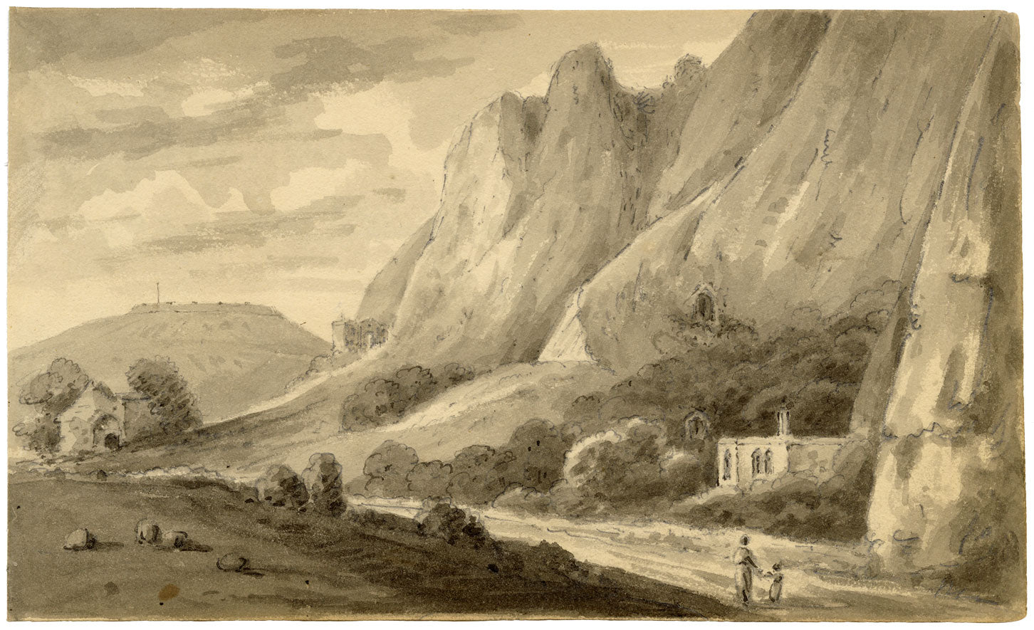 John Maule, Castle Cliff from Smith's Folly with Drop Battery, Dover, Kent – 1814 drawing in ink & wash