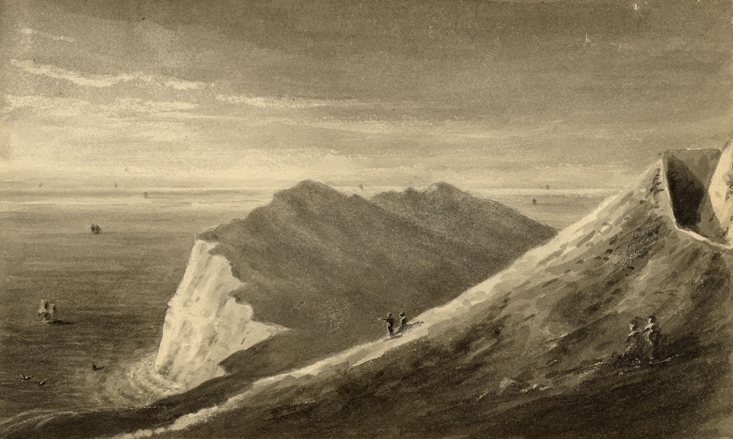 John Maule, Shakespeare Cliff from Western Heights, Dover, Kent – 1814 drawing in grey wash