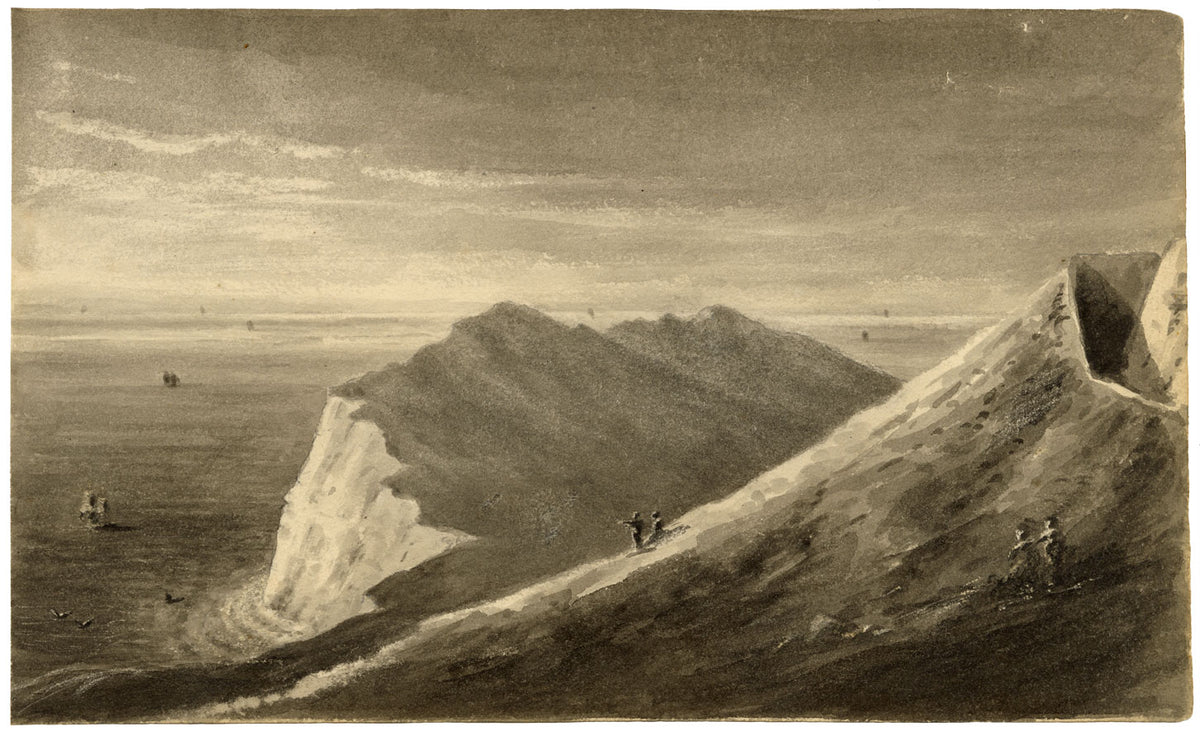 John Maule, Shakespeare Cliff from Western Heights, Dover, Kent – 1814 drawing in grey wash