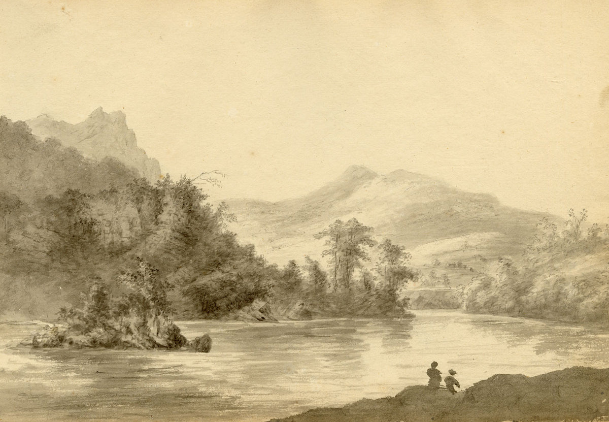 John Maule, View on the River Brathay, Lake District – 1792 drawing in ink & wash