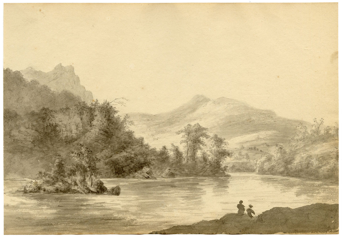 John Maule, View on the River Brathay, Lake District – 1792 drawing in ink & wash