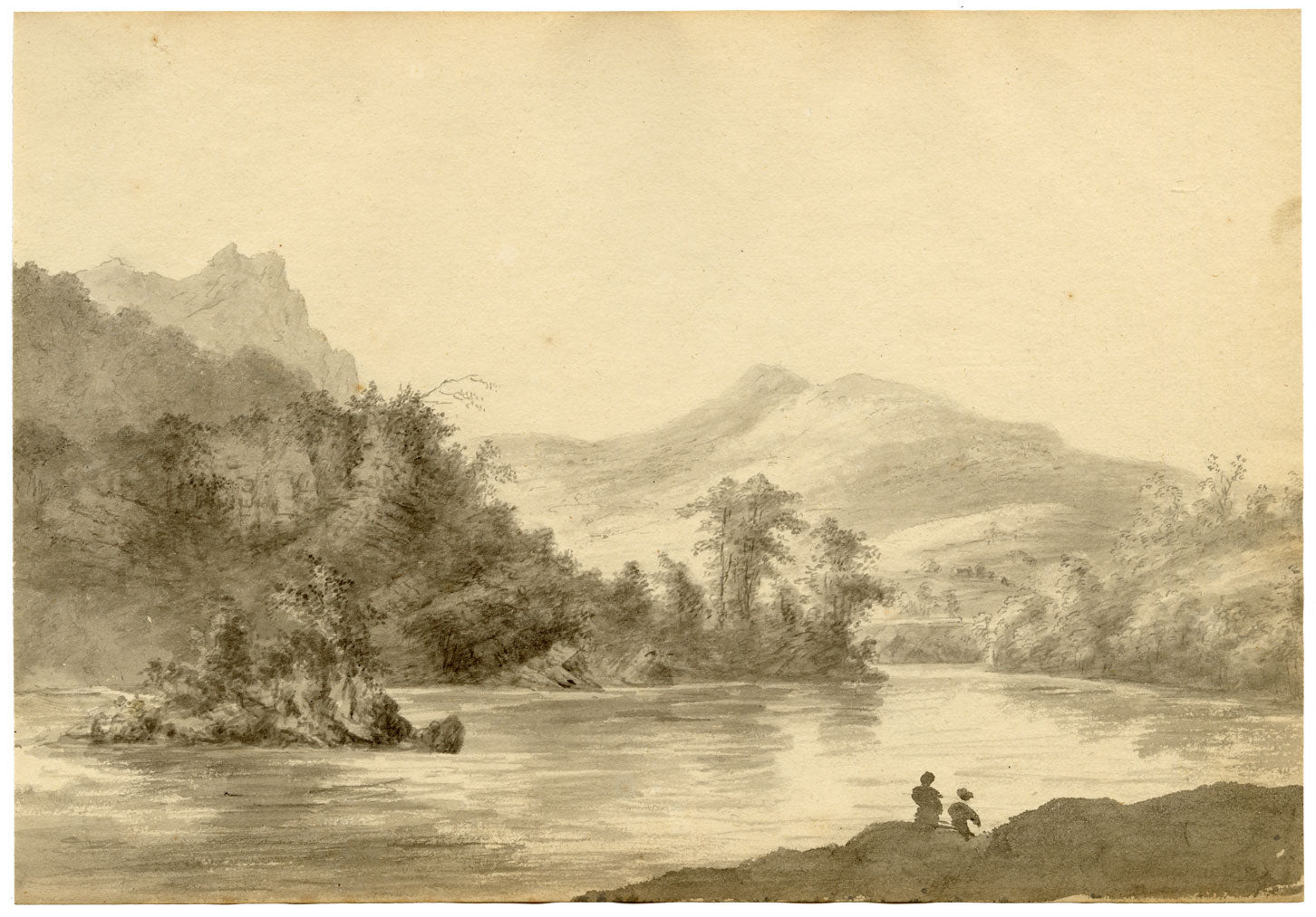 John Maule, View on the River Brathay, Lake District – 1792 drawing in ink & wash