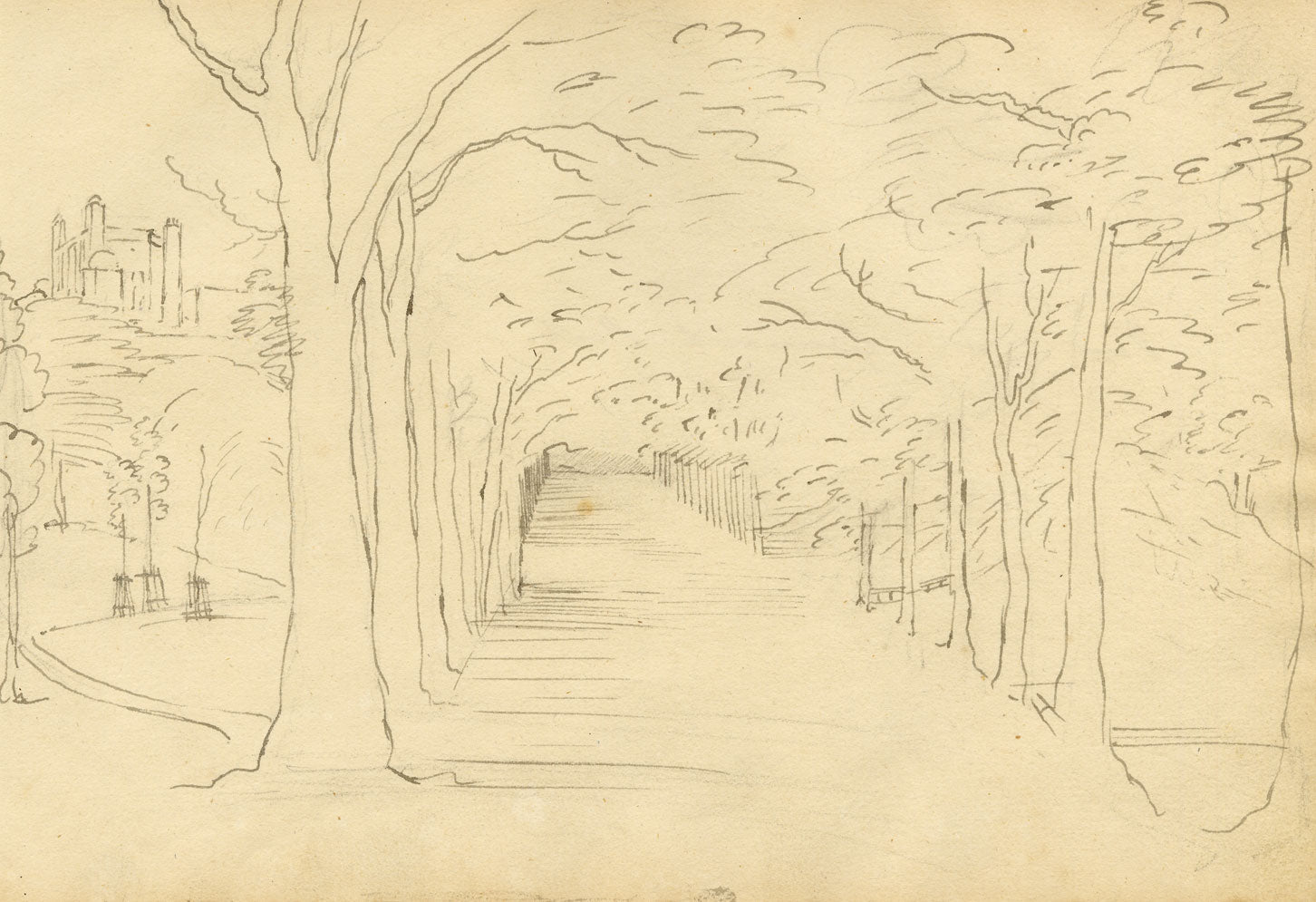 John Maule, Avenue in Greenwich Park with Royal Observatory, London – 1792 ink drawing