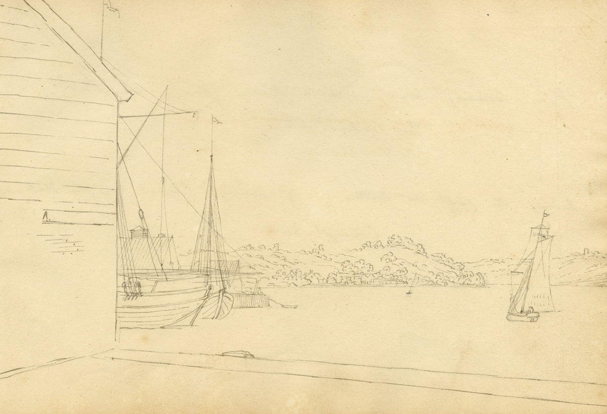 John Maule, Ipswich River Looking towards Mr Cobbold's from Rev Mr Cooke's Wharf – 1793 ink drawing