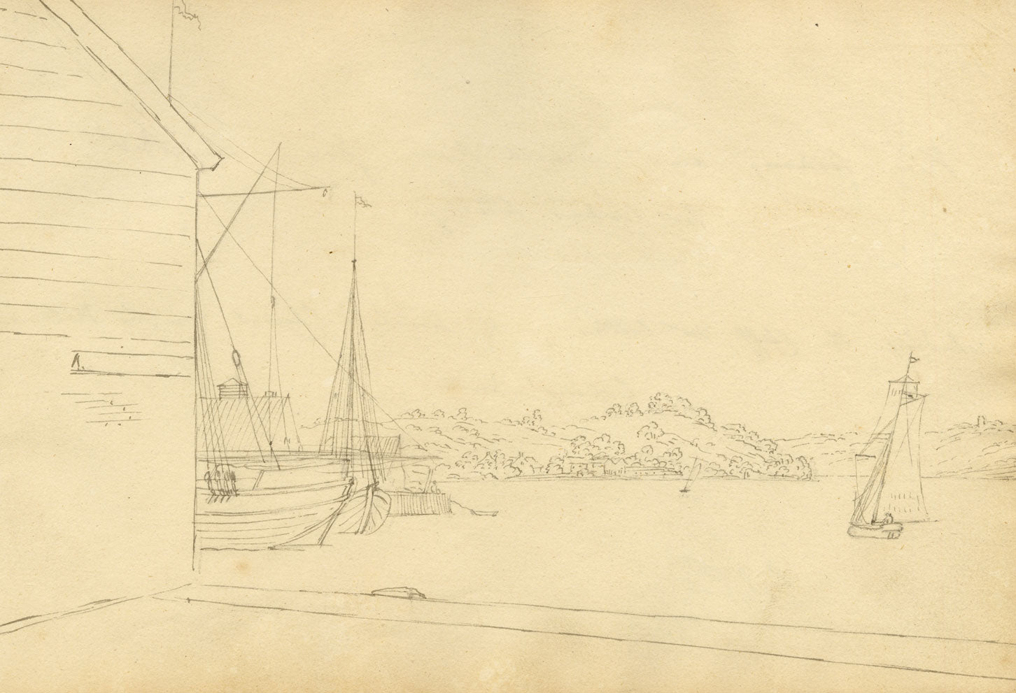 John Maule, Ipswich River Looking towards Mr Cobbold's from Rev Mr Cooke's Wharf – 1793 ink drawing