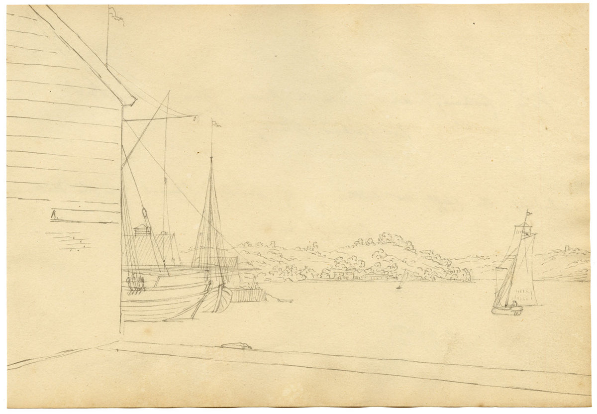 John Maule, Ipswich River Looking towards Mr Cobbold's from Rev Mr Cooke's Wharf – 1793 ink drawing