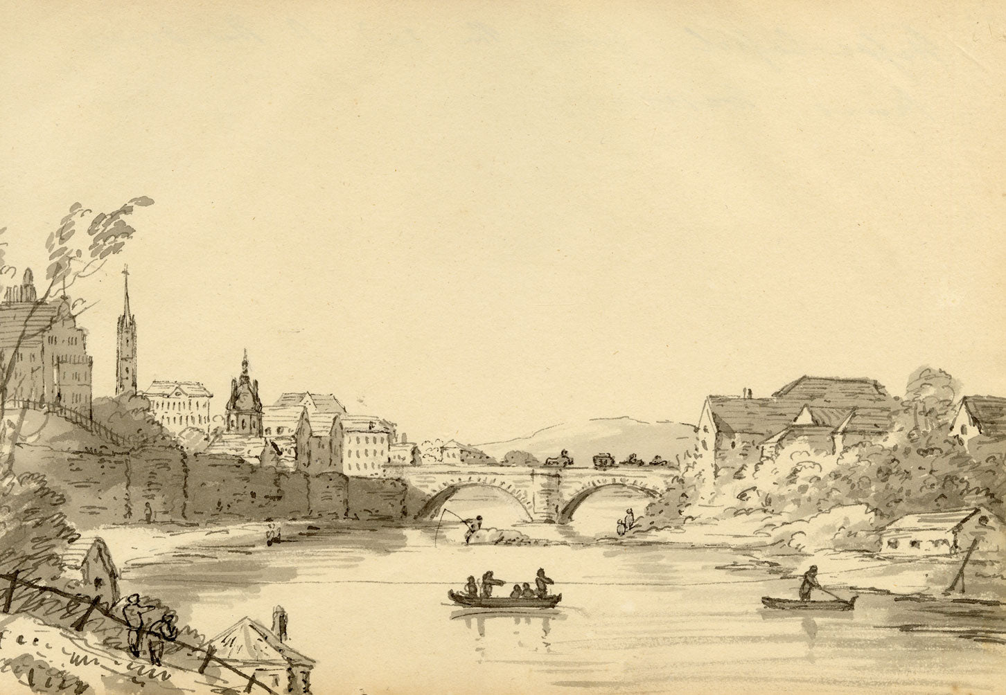 John Maule, Hesse-Kassel on the Fulda River from the Orangery – 1793 drawing in ink & wash