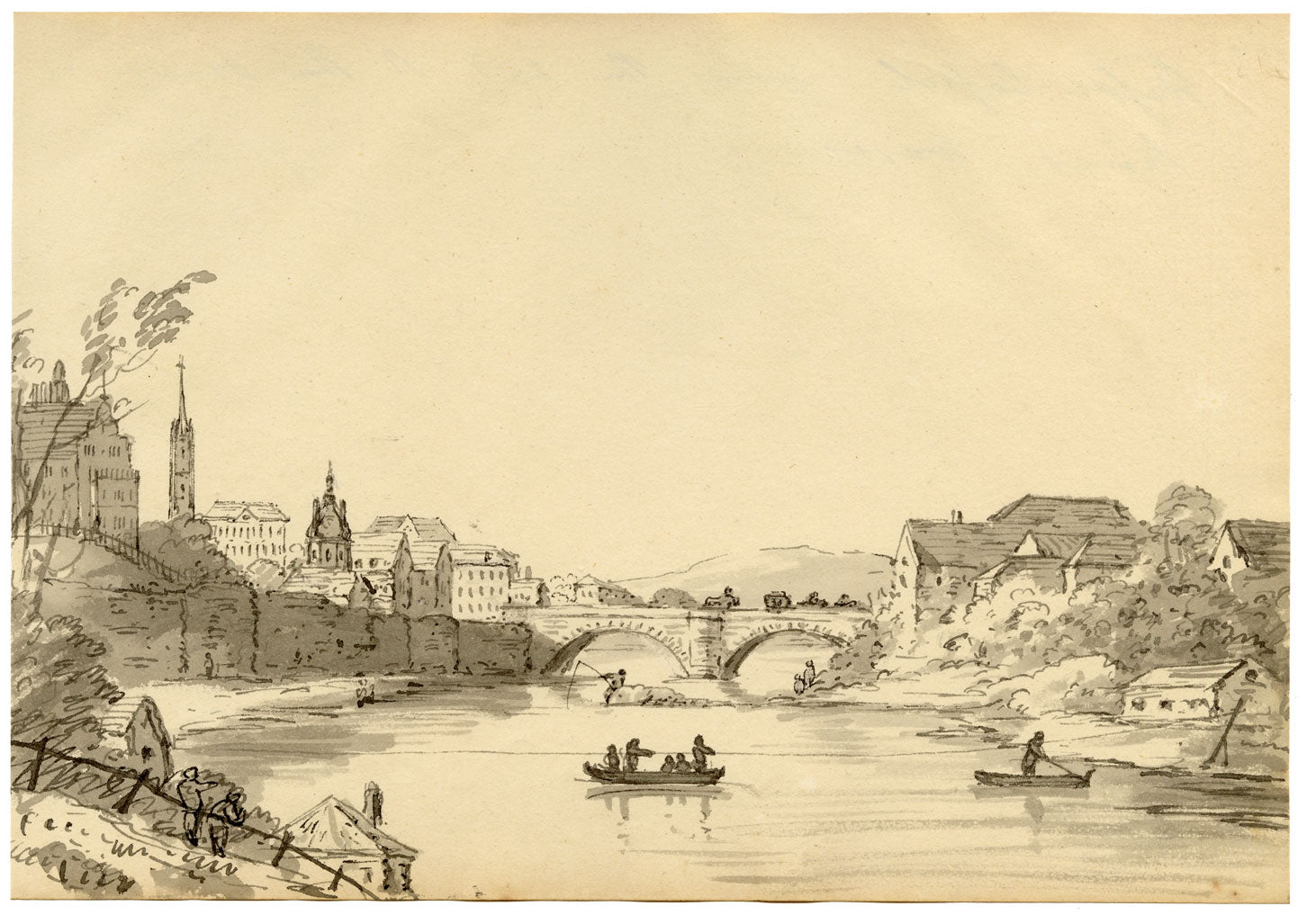 John Maule, Hesse-Kassel on the Fulda River from the Orangery – 1793 drawing in ink & wash
