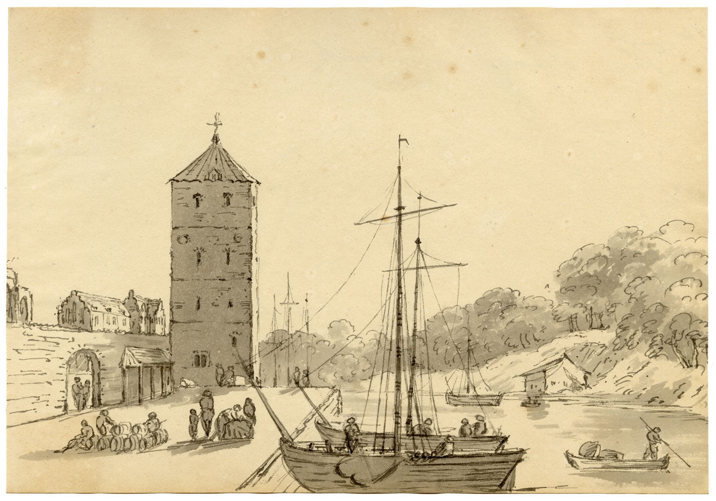 John Maule, Lübeck Quay, Germany – 1793 drawing in ink & wash
